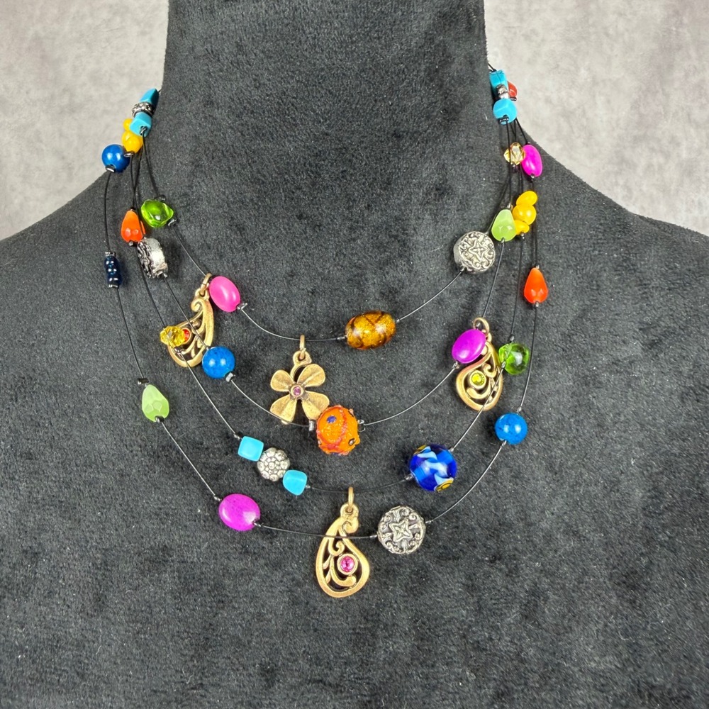 Vtg Y2K Chicos Multi Strand Floating Bead Necklace Colorful Hippie Boho Whimsy